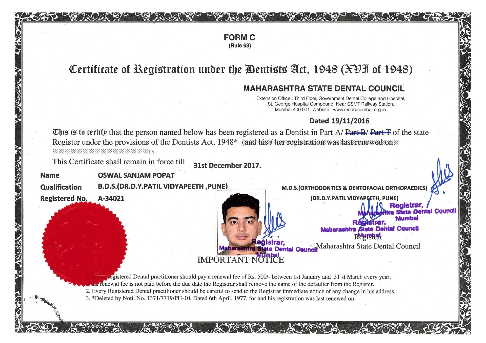 Dr. Oswal Maharashtra State Dental Council Registration Certificate