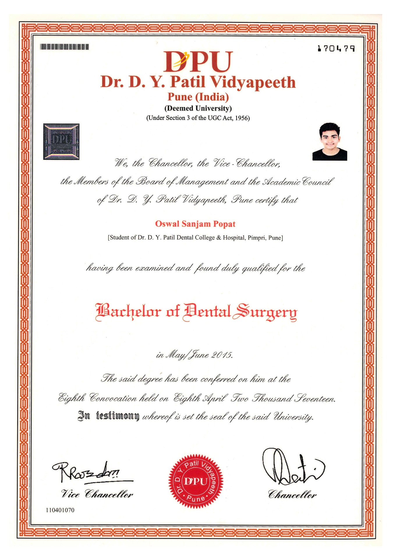Dr. Oswal Sanjam Popat BDS Certificate from Dr. D.Y. Patil Vidyapeeth