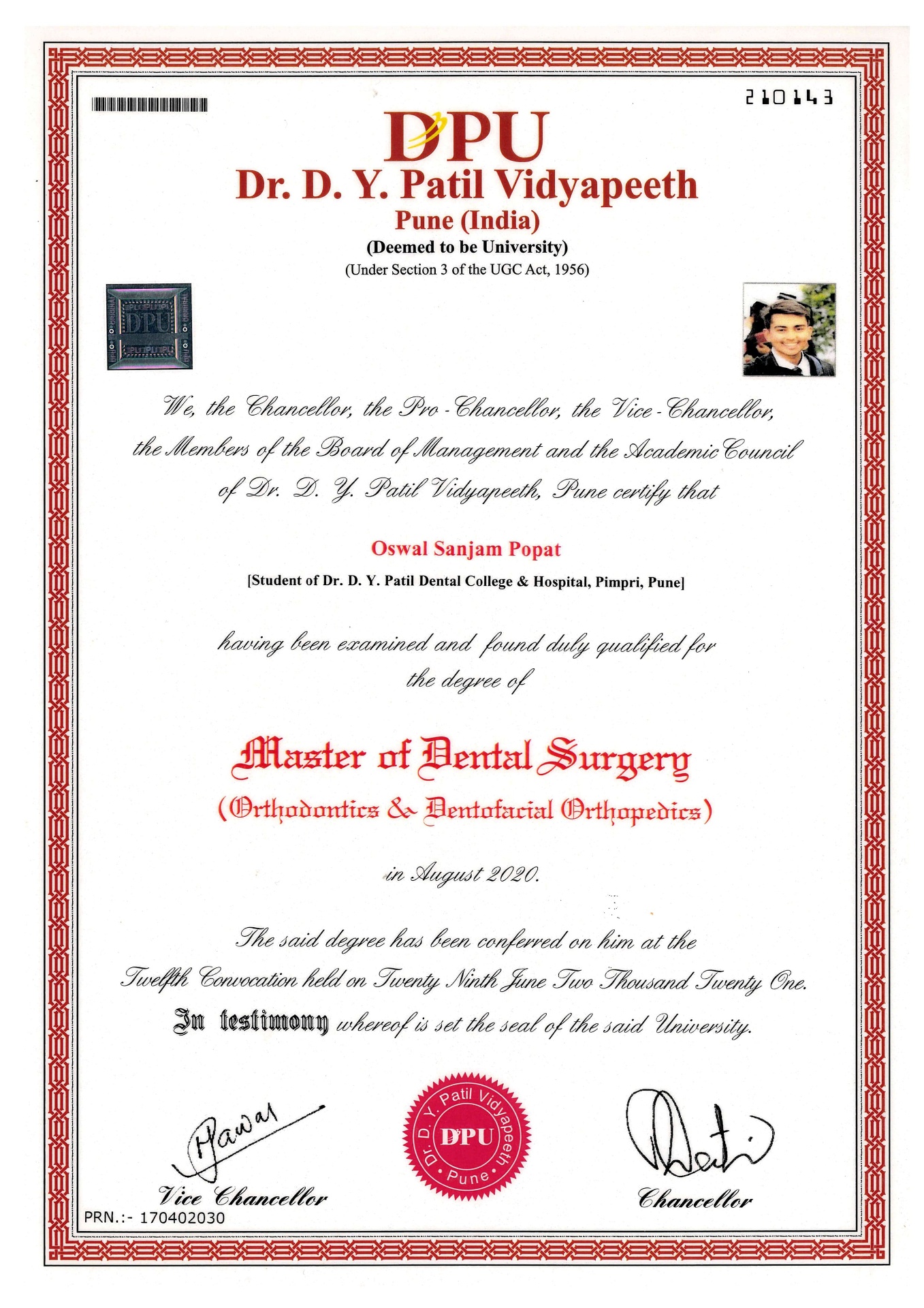 Dr. Oswal Sanjam Popat MDS Certificate in Orthodontics & Dentofacial Orthopedics