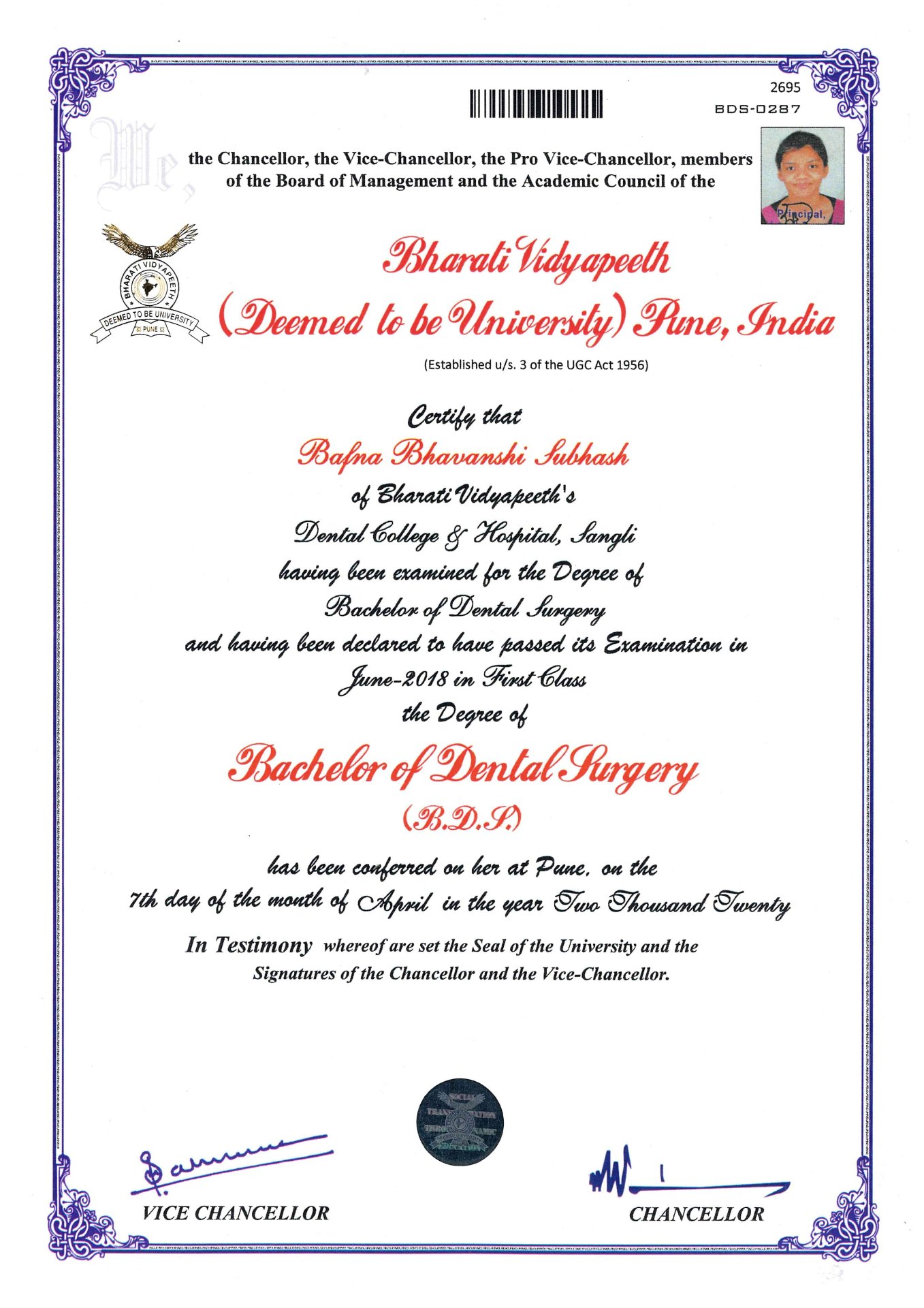 Dr. Bhavanshi Subhash BDS Certificate from Bharati Vidyapeeth